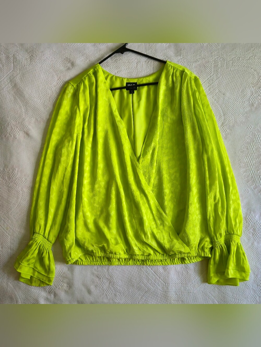 INC International Concepts Neon Lime Green Flowy Wrap Blouse Long Sleeve Size XL